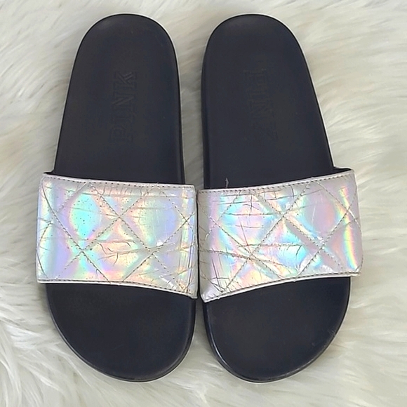 Victoria's Secret PINK Silver Rainbow Holographic Metallic Slide Slip-On Sandals - Picture 8 of 17